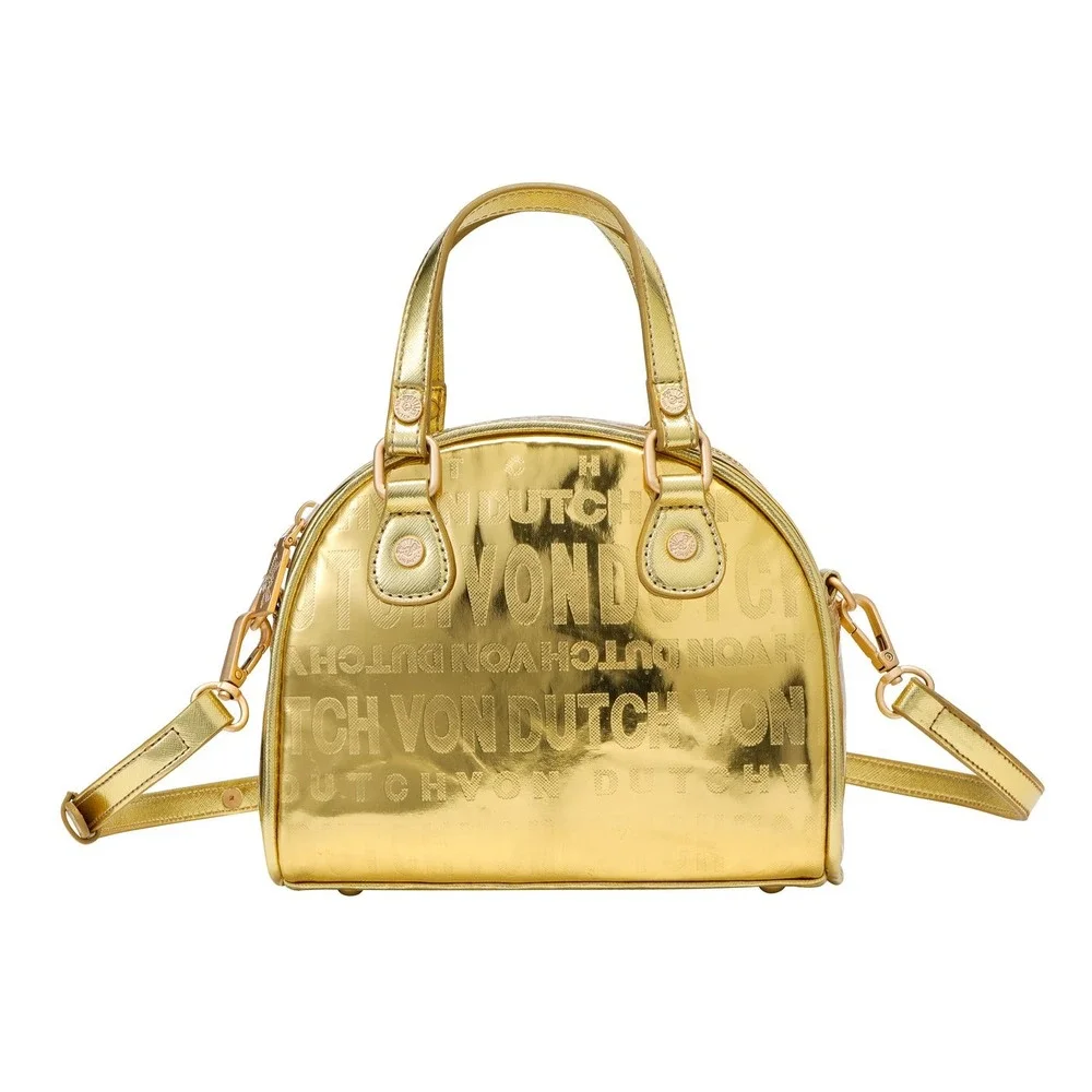 Von Dutch Metallic Gold Mini Bowler Bag Y2K Logo Crossbody Dome Satchel